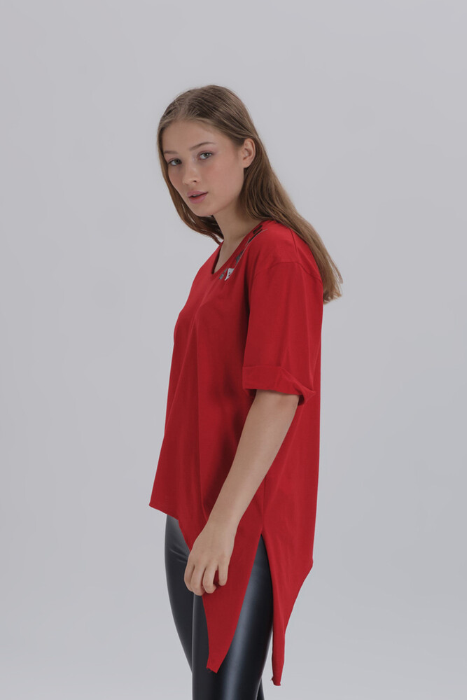 Kırmızı Kadın Paris Baskı Detay Asimetrik Kesim T-shirt - 2