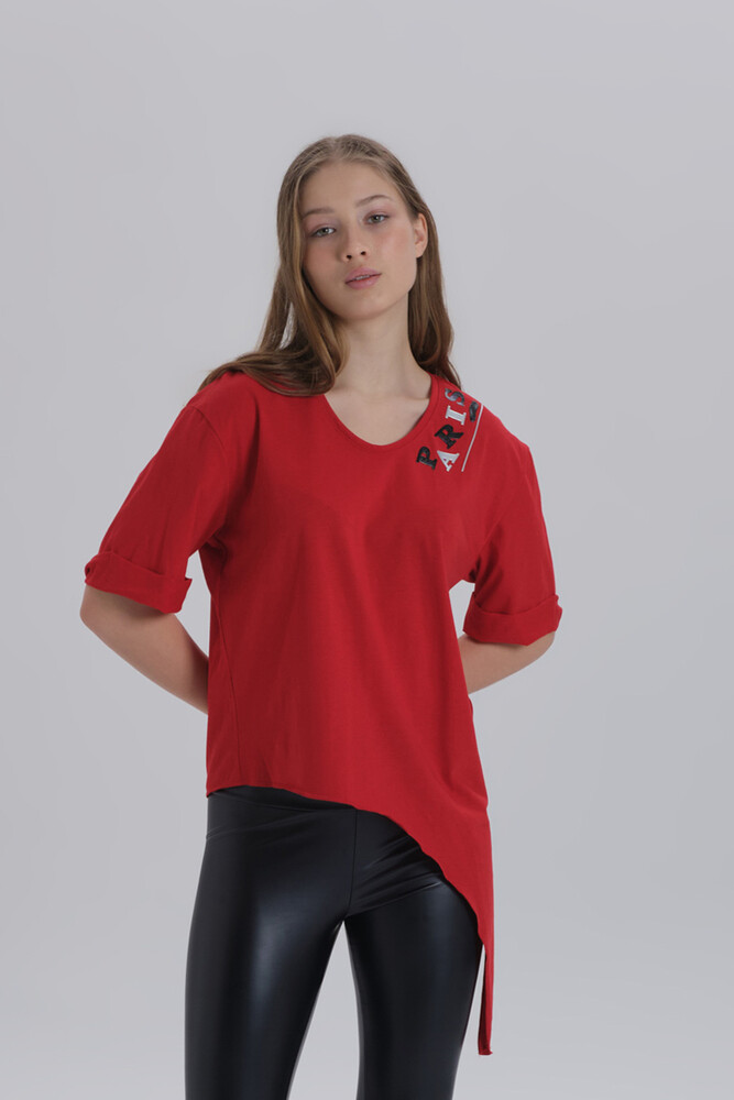 Kırmızı Kadın Paris Baskı Detay Asimetrik Kesim T-shirt 