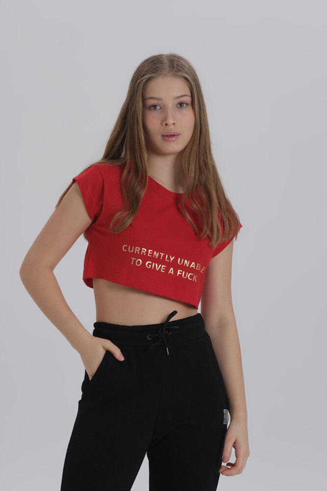 Kırmızı Kadın Parlak Baskı Detay Crop T-shirt 