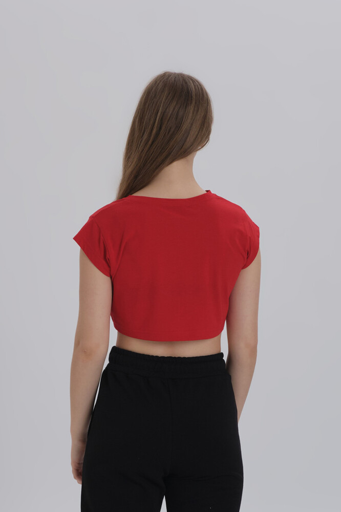 Kırmızı Kadın Parlak Baskı Detay Crop T-shirt - 3