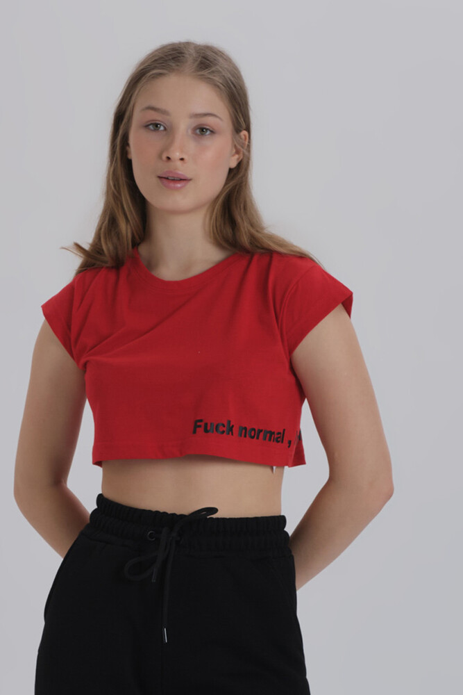 Kırmızı Kadın Yan Baskı Detay Crop T-shirt - DAVID&GERENZO