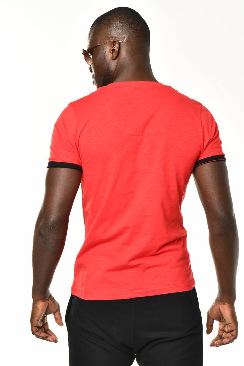 Kırmızı Mini Cep Detaylı V Yaka Basic T-shirt - Thumbnail