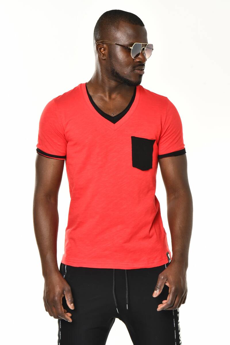 Kırmızı Mini Cep Detaylı V Yaka Basic T-shirt - Thumbnail