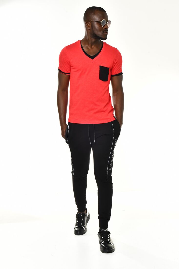 Kırmızı Mini Cep Detaylı V Yaka Basic T-shirt - 5