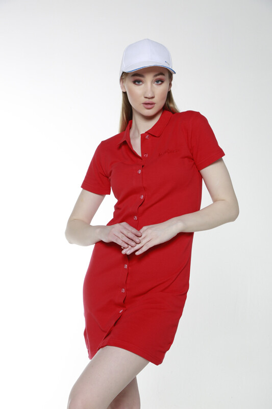 Kırmızı Polo Yaka Elbise - 8