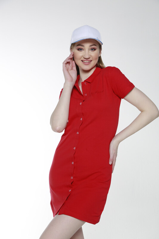 Kırmızı Polo Yaka Elbise - 2