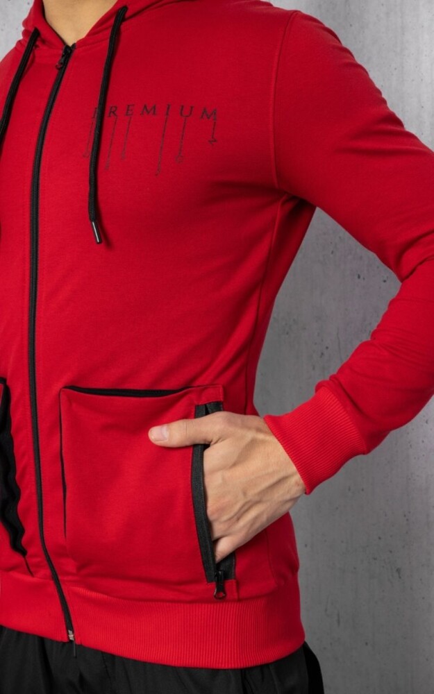 Kırmızı Premium Cep Detay Fermuarlı İki İplik Kapüşonlu Sweatshirt - 4