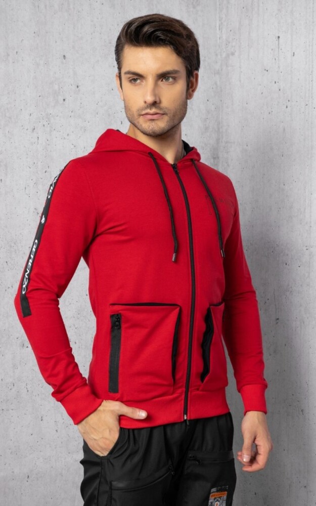 Kırmızı Premium Cep Detay Fermuarlı İki İplik Kapüşonlu Sweatshirt - 2