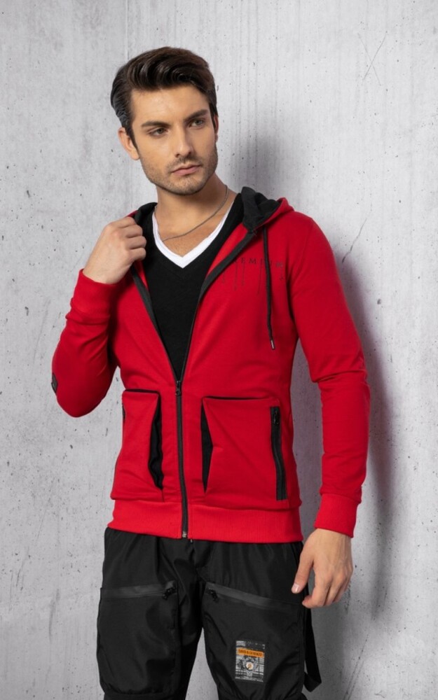 Kırmızı Premium Cep Detay Fermuarlı İki İplik Kapüşonlu Sweatshirt 