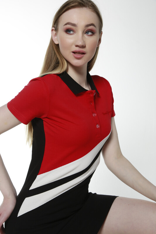 Kırmızı Siyah Renk Geçişli Polo Yaka Elbise - 3