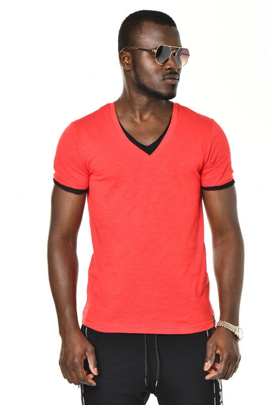 Kırmızı V Yaka Basic T-shirt - 2
