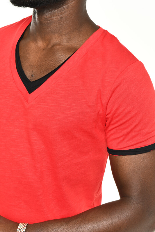 Kırmızı V Yaka Basic T-shirt - 3