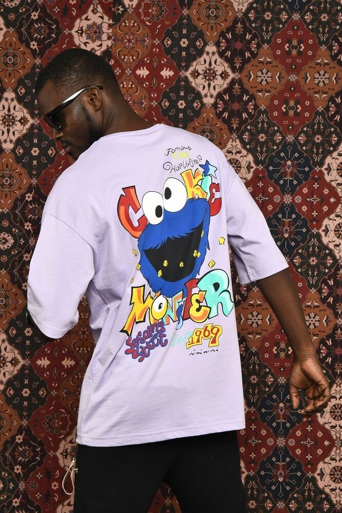 Lila Cookie Monster Baskılı Oversize T-shirt - 1