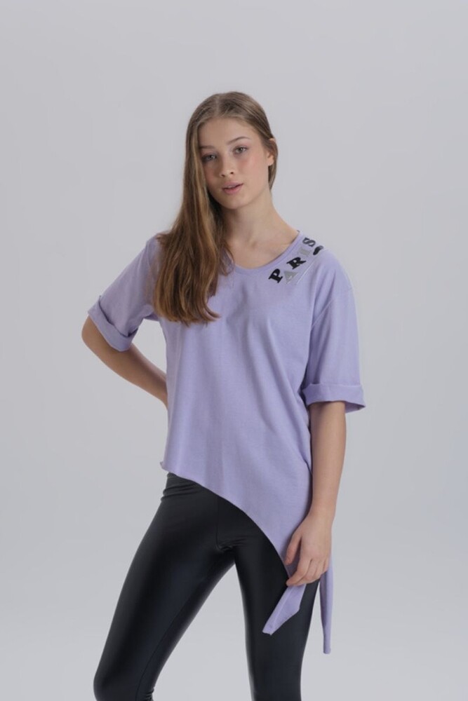 Lila Kadın Paris Baskı Detay Asimetrik Kesim T-shirt - 1