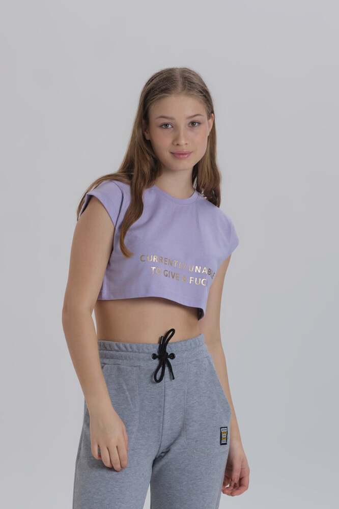 Lila Kadın Parlak Baskı Detay Crop T-shirt - 1