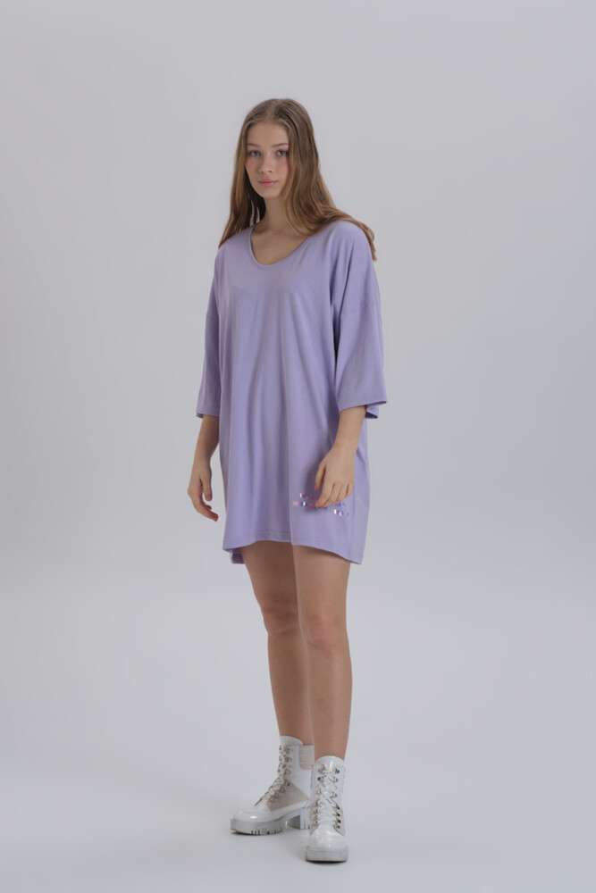 Lila Kadın Sırt Baskı Detay Oversize T-shirt Elbise - 1