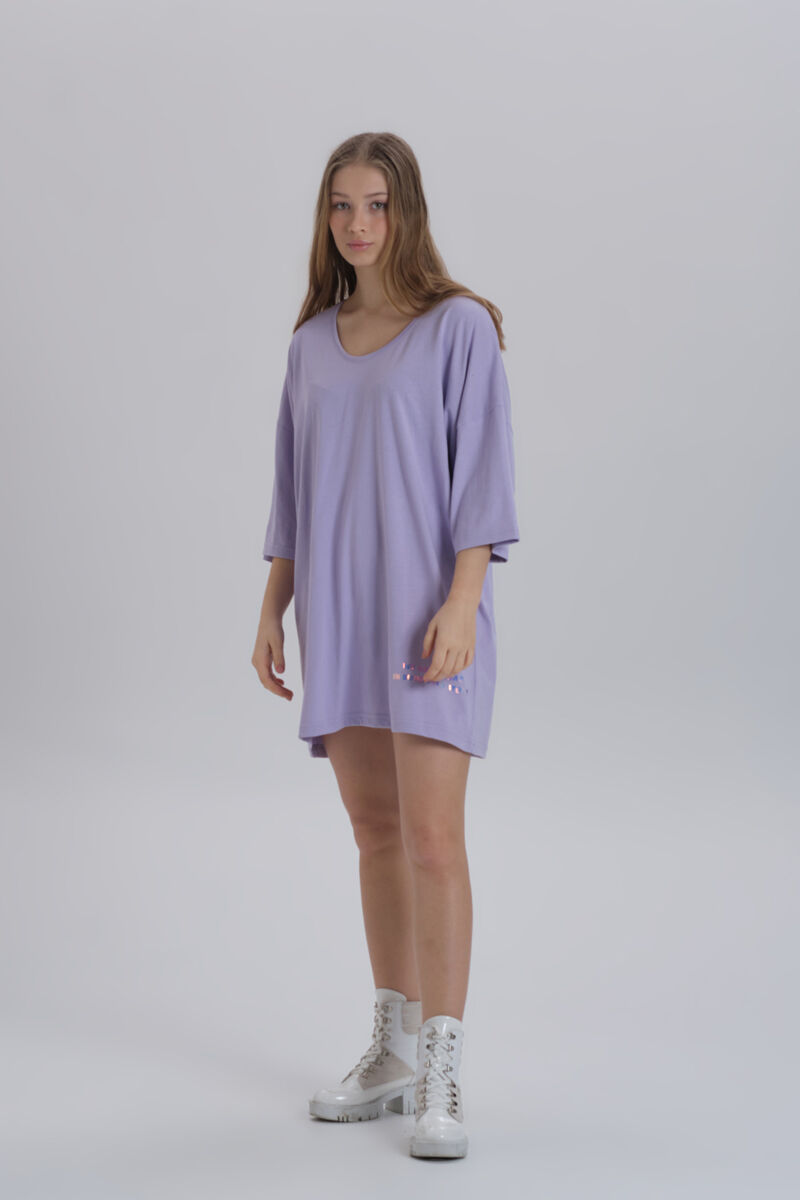 Lila Kadın Sırt Baskı Detay Oversize T-shirt Elbise - 1