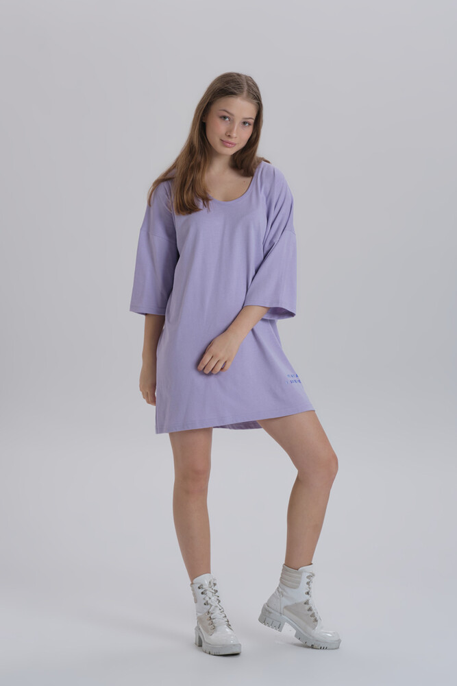 Lila Kadın Sırt Baskı Detay Oversize T-shirt Elbise - 3