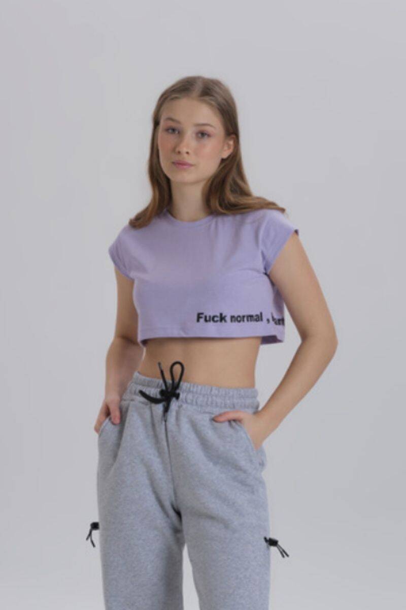 DAVID&GERENZO - Lila Kadın Yan Baskı Detay Crop T-shirt