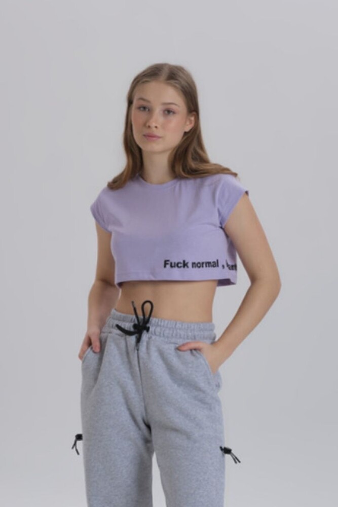 Lila Kadın Yan Baskı Detay Crop T-shirt 