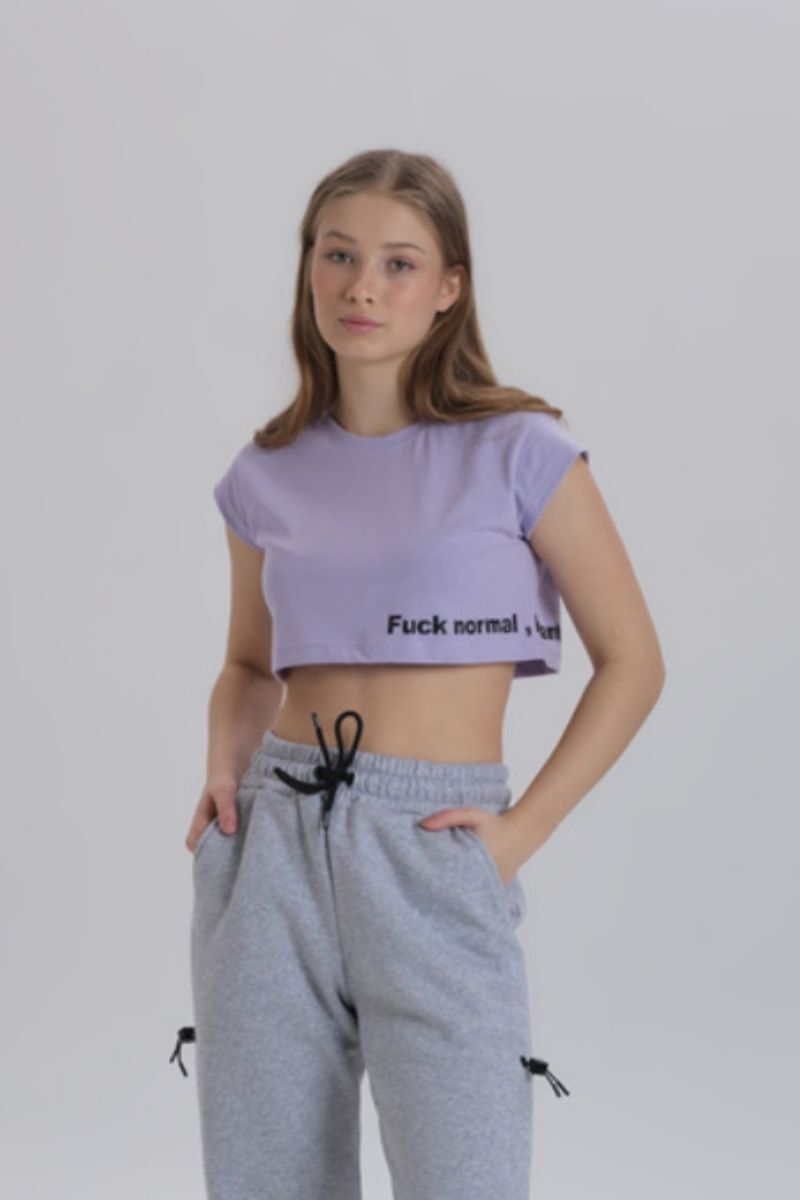 Lila Kadın Yan Baskı Detay Crop T-shirt - 1