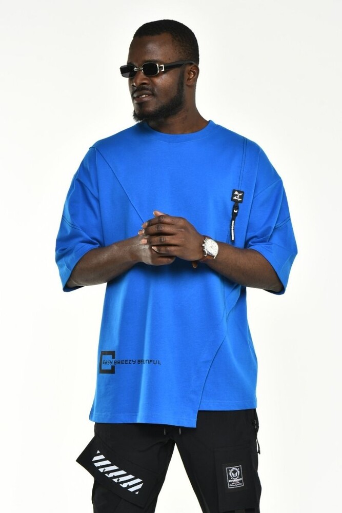 Mavi Asimetrik Kesim Oversize Kalıp T-shirt - 4