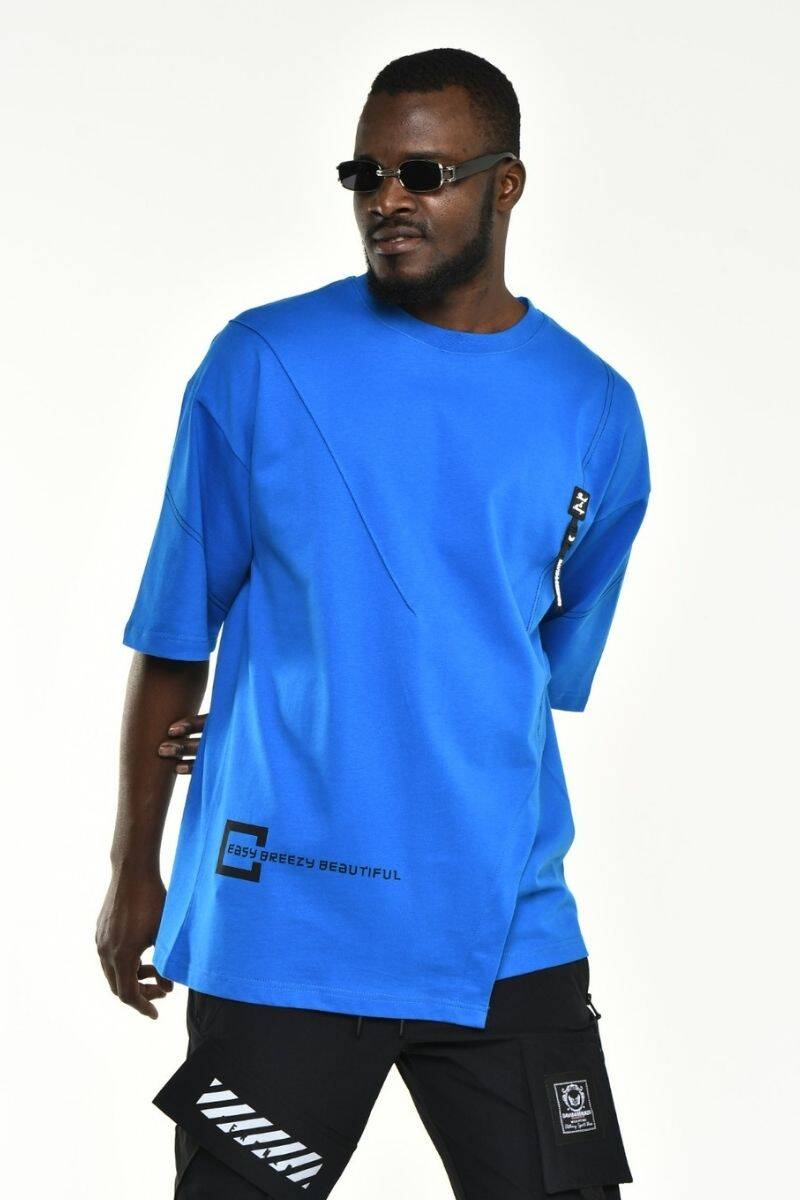 Mavi Asimetrik Kesim Oversize Kalıp T-shirt