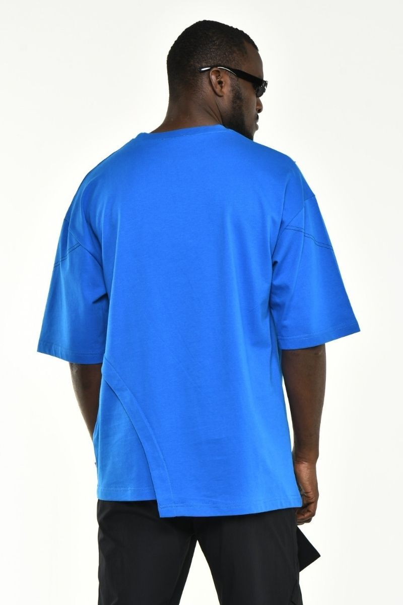 Mavi Asimetrik Kesim Oversize Kalıp T-shirt - 5