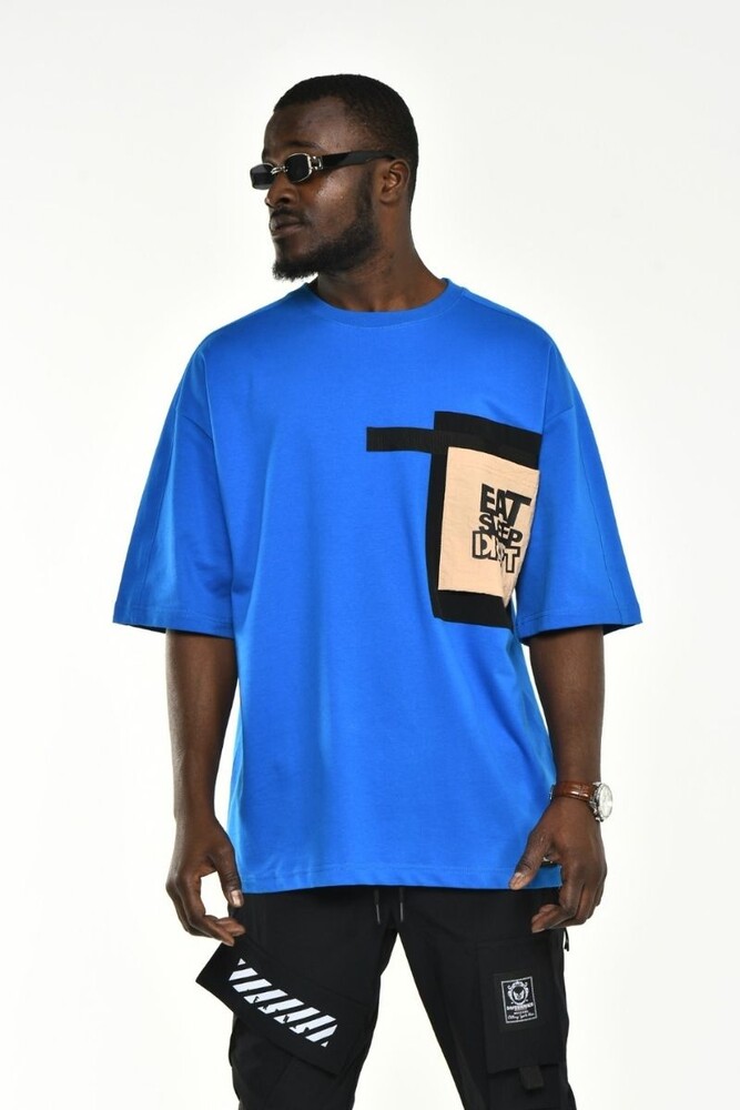 Mavi Baskılı Cep Detay Oversize Kalıp T-shirt - 4