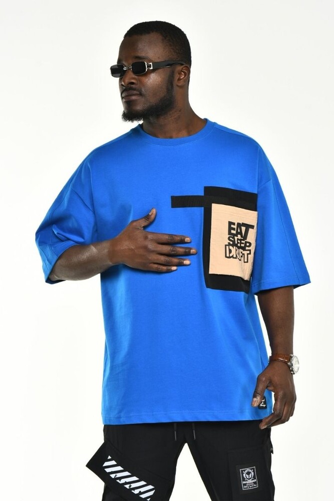 Mavi Baskılı Cep Detay Oversize Kalıp T-shirt - 2