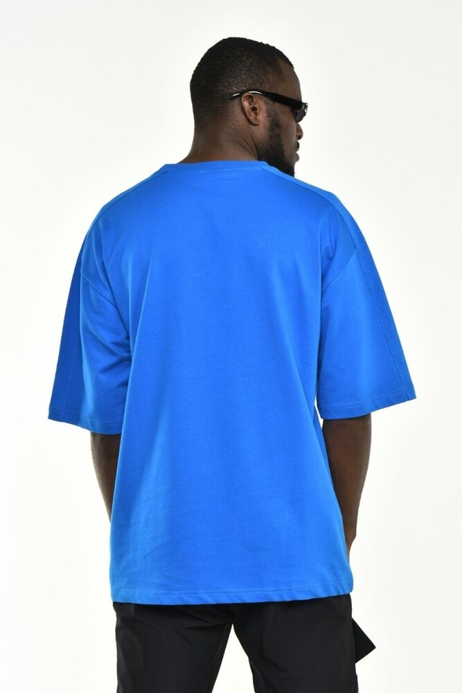 Mavi Baskılı Cep Detay Oversize Kalıp T-shirt - 5