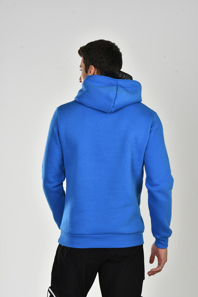 Mavi Deri Cep Detay Üç İplik Kapüşonlu Sweatshirt - 5