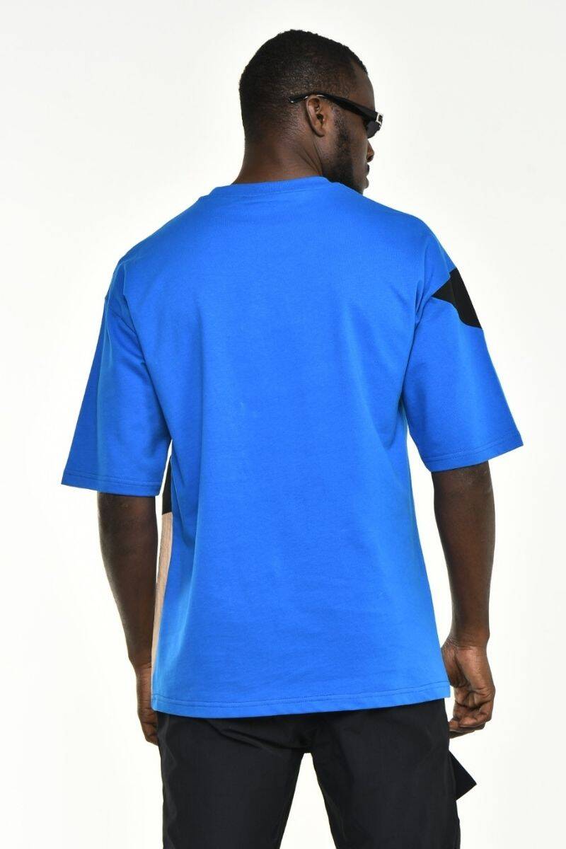 Mavi Kumaş Mixli Oversize Kalıp T-shirt - Thumbnail