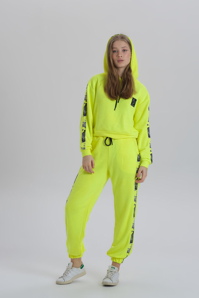 Neon Sarı Kamuflaj Şerit Detaylı Oversize Kapüşonlu Eşofman Takımı - 5