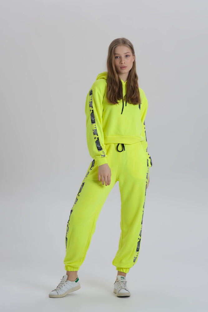 Neon Sarı Kamuflaj Şerit Detaylı Oversize Kapüşonlu Eşofman Takımı - 6