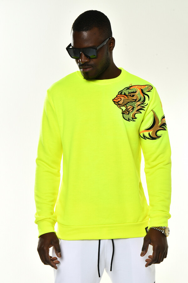Neon Sarı Taş Aslan Aksesuarlı Slim Fit Sweatshirt - 4