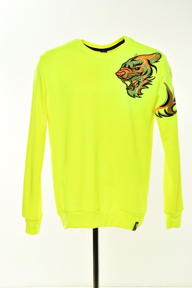 Neon Sarı Taş Aslan Aksesuarlı Slim Fit Sweatshirt - 3