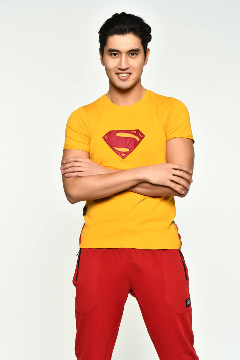 DAVID&GERENZO - Safran Superman Logo Baskılı Bisiklet Yaka T-shirt