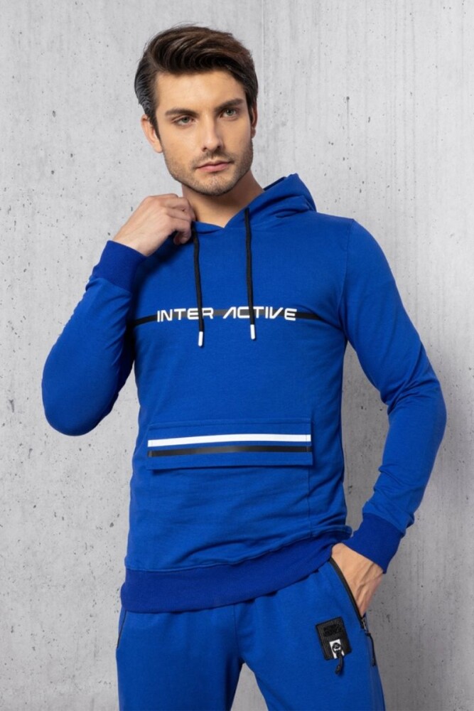 Saks Mavisi Active Baskı Cep Detay İki İplik Kapüşonlu Sweatshirt 