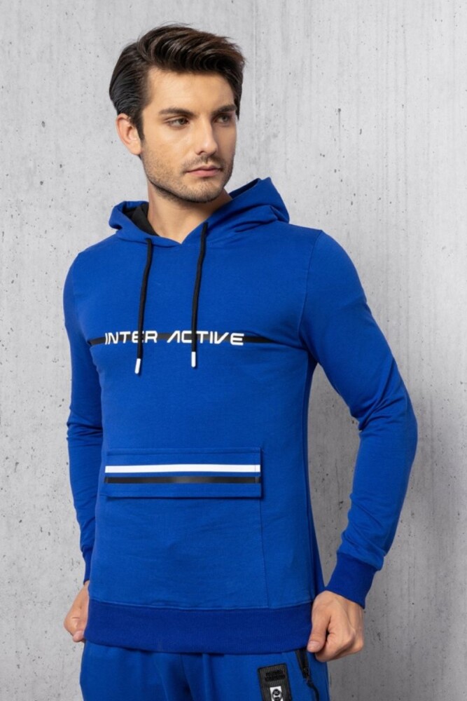Saks Mavisi Active Baskı Cep Detay İki İplik Kapüşonlu Sweatshirt - 4