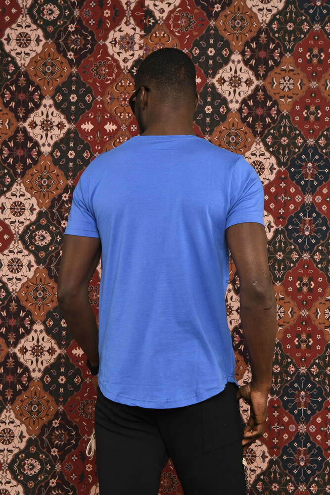 Saks Mavisi Circle Kırışık Desenli Bisiklet Yaka T-shirt - 5