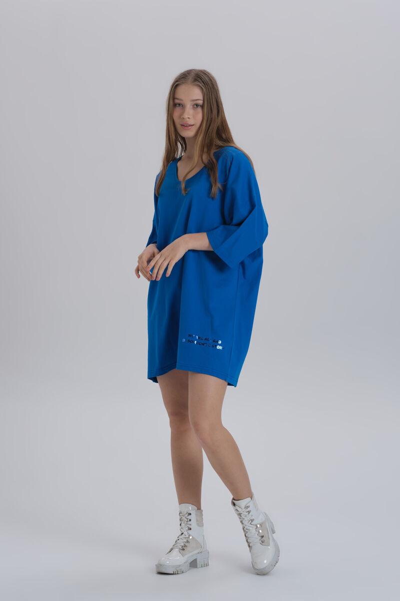 Saks Mavisi Kadın Sırt Baskı Detay Oversize T-shirt Elbise - 2