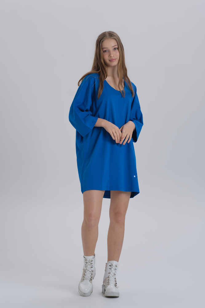 Saks Mavisi Kadın Sırt Baskı Detay Oversize T-shirt Elbise - 3