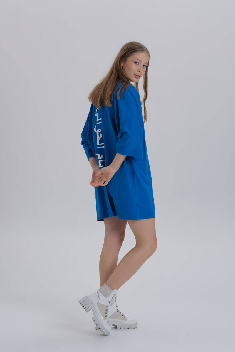 DAVID&GERENZO - Saks Mavisi Kadın Sırt Baskı Detay Oversize T-shirt Elbise