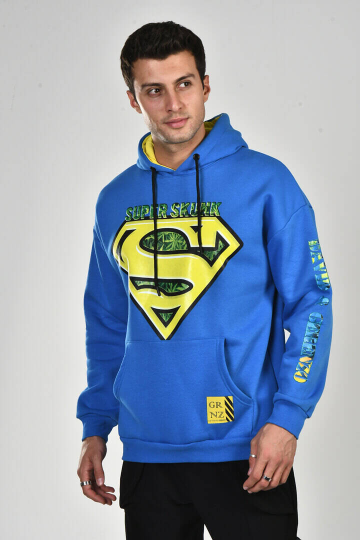 DAVID&GERENZO - Saks Mavisi Superman Baskı Üç İplik Kapüşonlu Sweatshirt