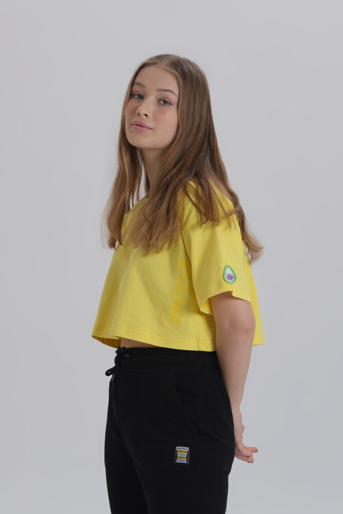 Sarı Kadın Merci Baskı Bisiklet Yaka Oversize Crop T-shirt - 2