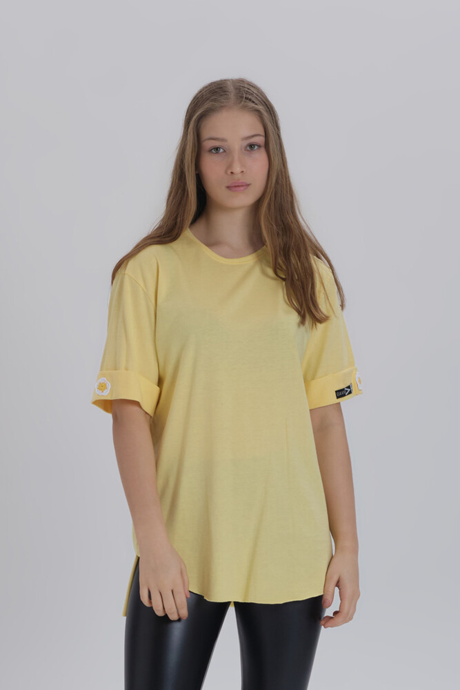 Sarı Kadın Papatya Kol Detay Asimetrik Kesim Bisiklet Yaka Örme T-shirt - 1