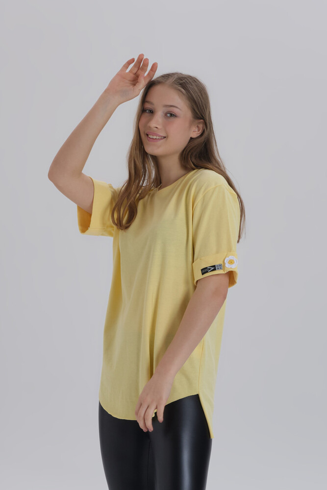 Sarı Kadın Papatya Kol Detay Asimetrik Kesim Bisiklet Yaka Örme T-shirt - 2