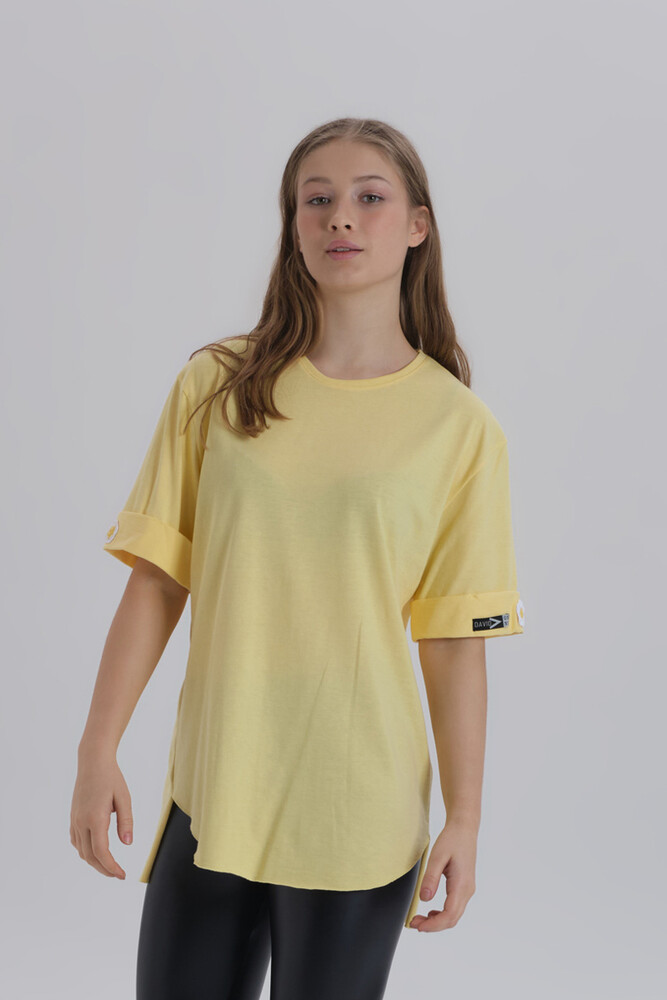 Sarı Kadın Papatya Kol Detay Asimetrik Kesim Bisiklet Yaka Örme T-shirt - 3