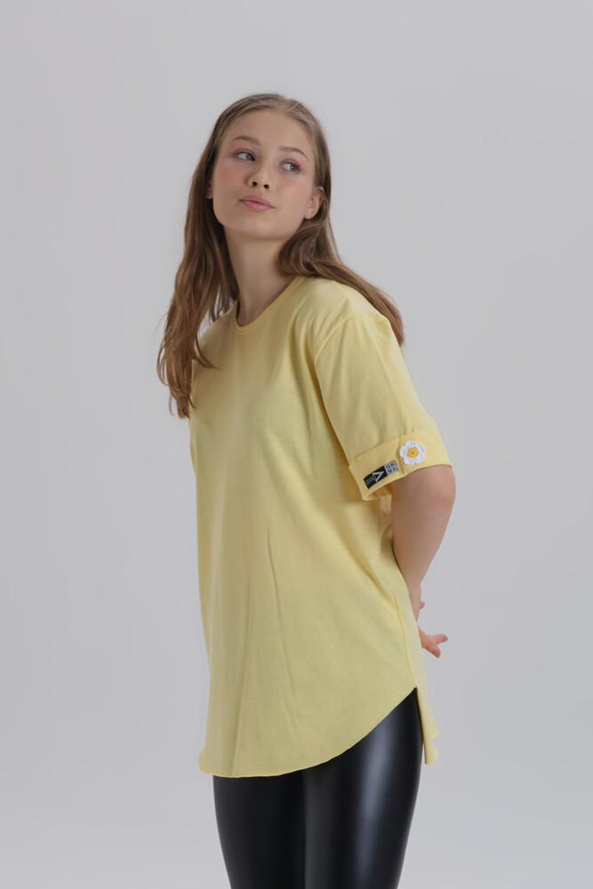 Sarı Kadın Papatya Kol Detay Asimetrik Kesim Bisiklet Yaka Örme T-shirt - 4